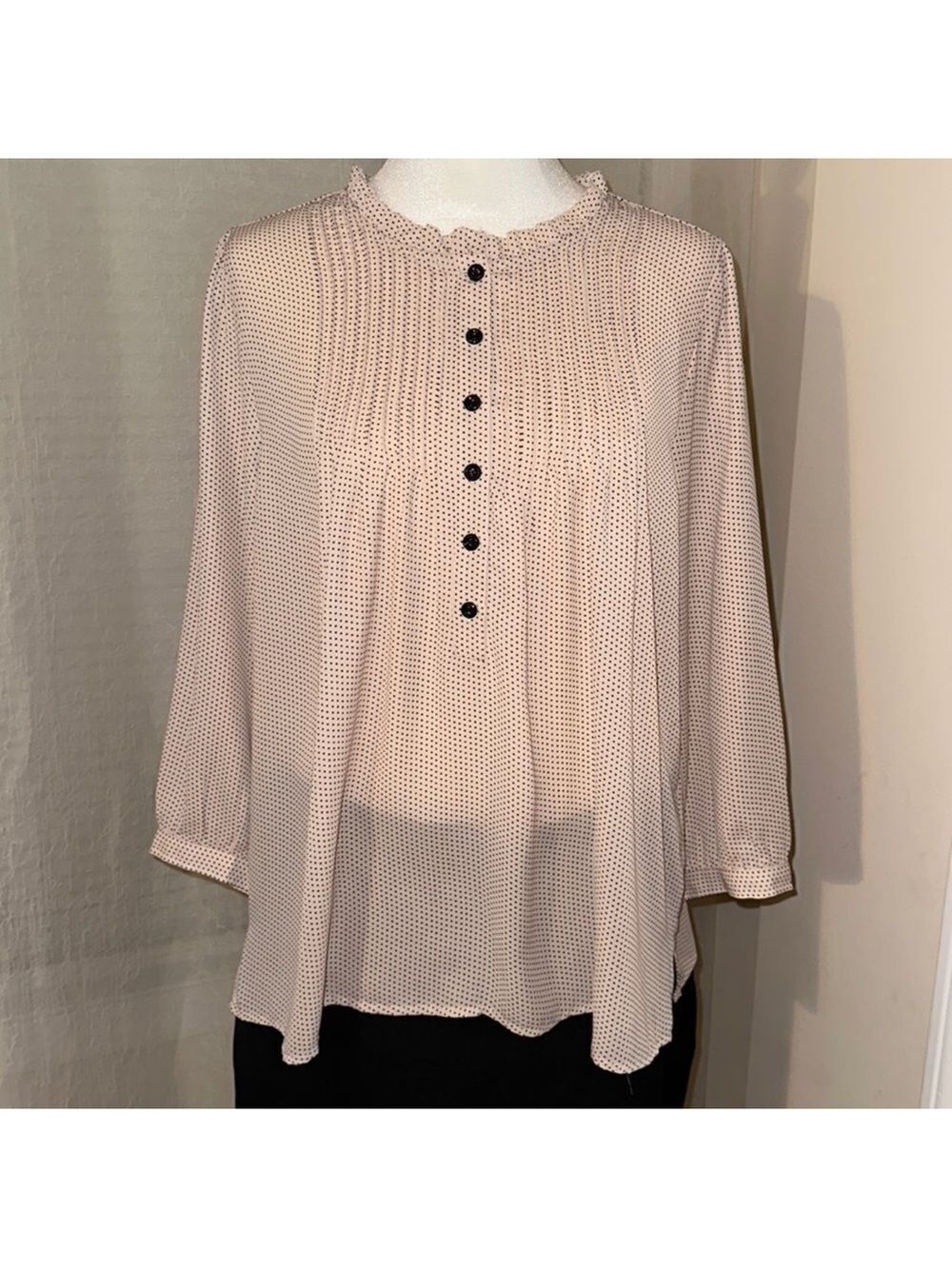 Eliane Rose L Blush Pink Black Polka Dot Ruffle Mock Neck Quarter Sleeve Blouse